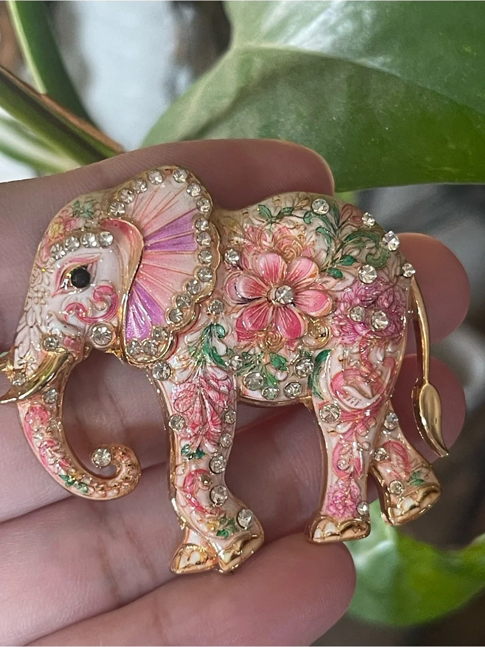 Floral Pink Jeweled Elephant Brooch